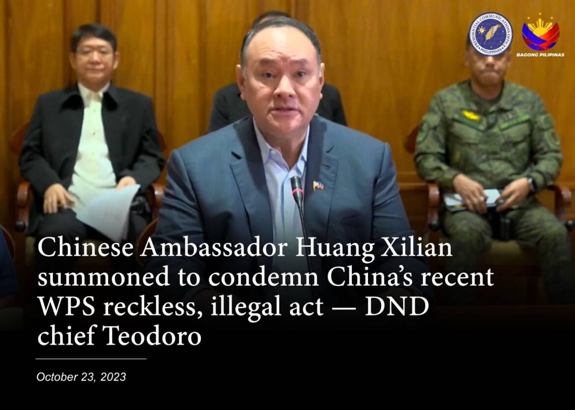 Chinese Ambassador Huang Xilian summoned to condemn China’s recent WPS reckless, illegal act — DND chief Teodoro
